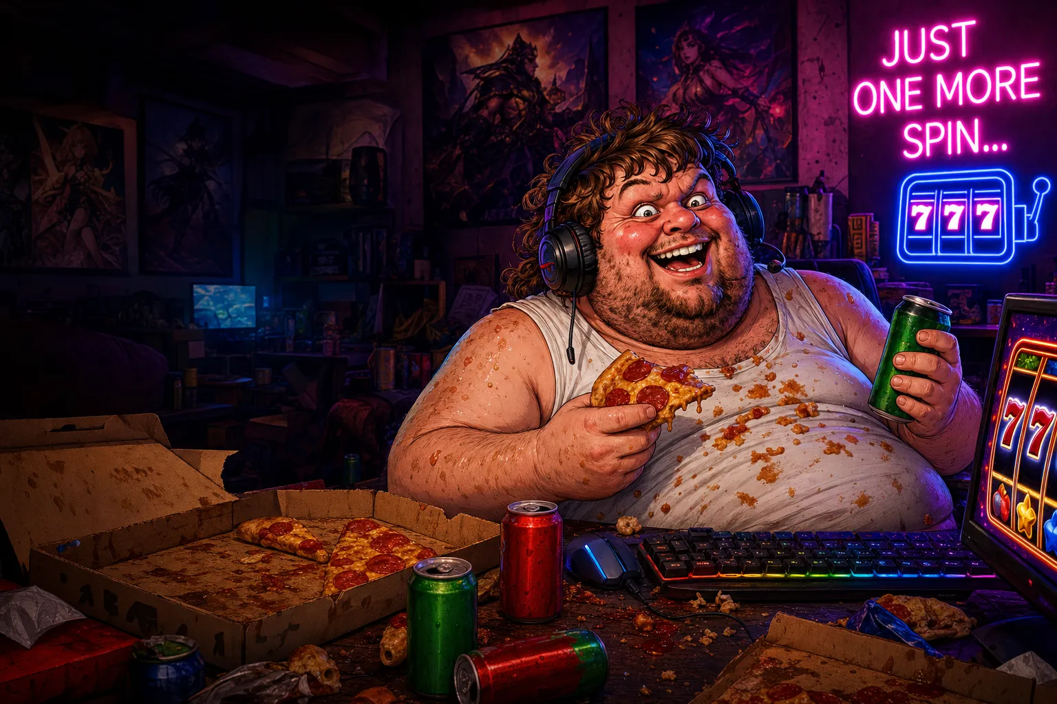Patch, das HT4U-Maskottchen, mit Pizza und Energydrink vor einem Slot-Spiel in seinem Gaming-Keller