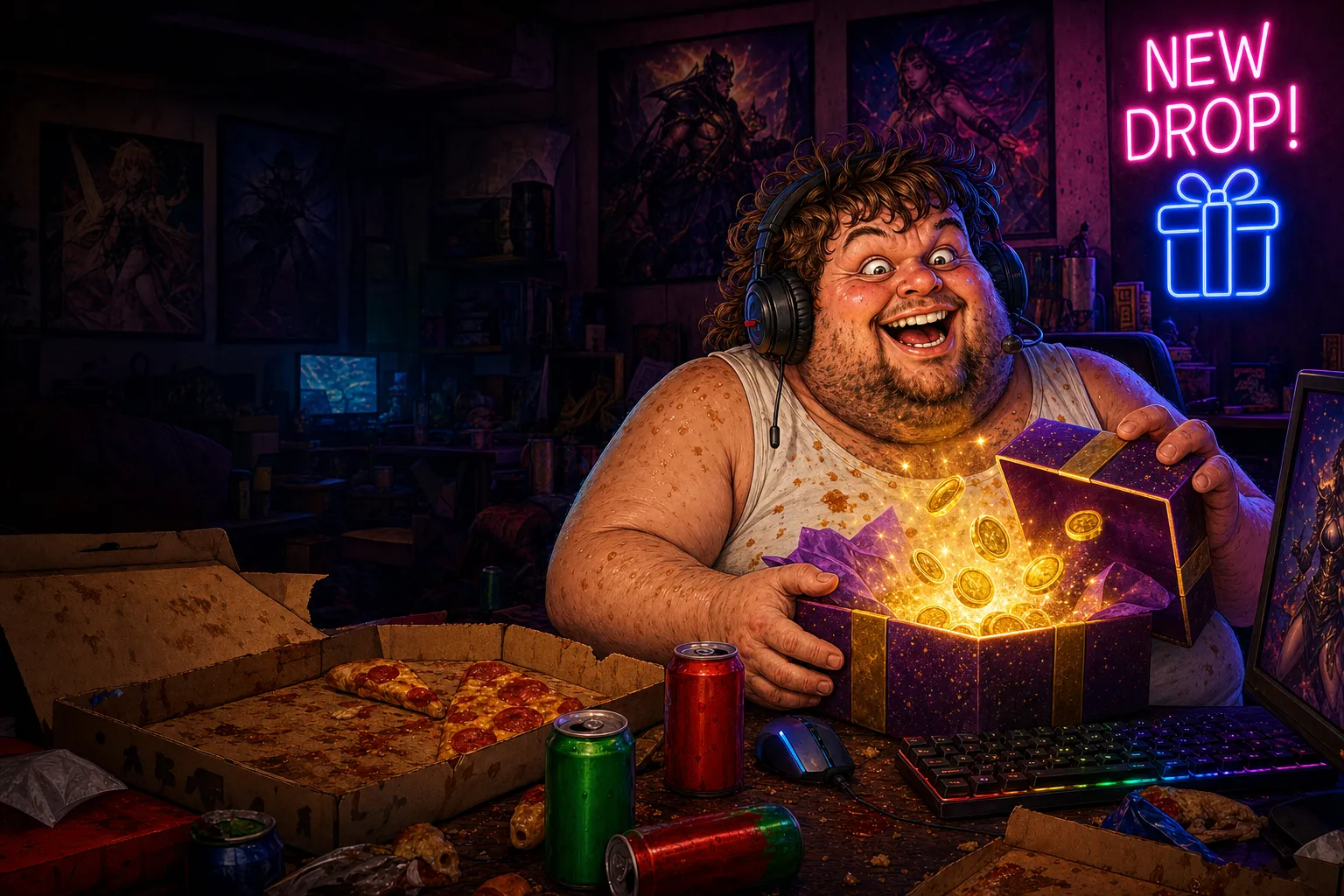 Patch packt in seinem Gaming-Keller eine leuchtende Geschenkbox mit Münzen aus