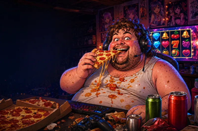 Patch beißt grinsend in ein Stück Pizza