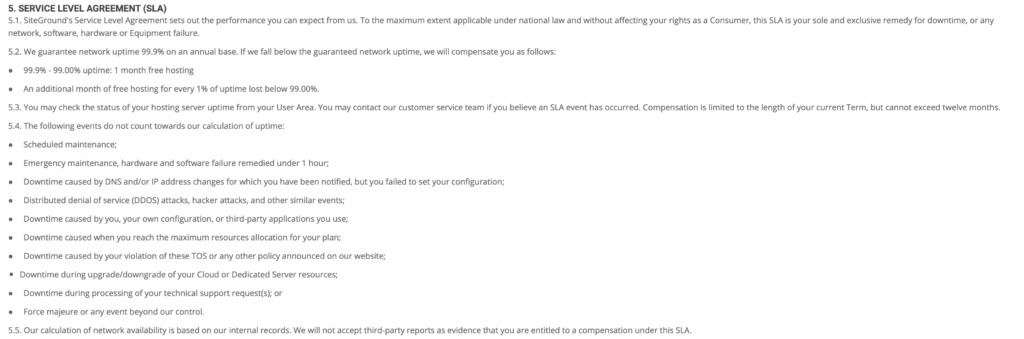SiteGround Uptime Garantie Klausel