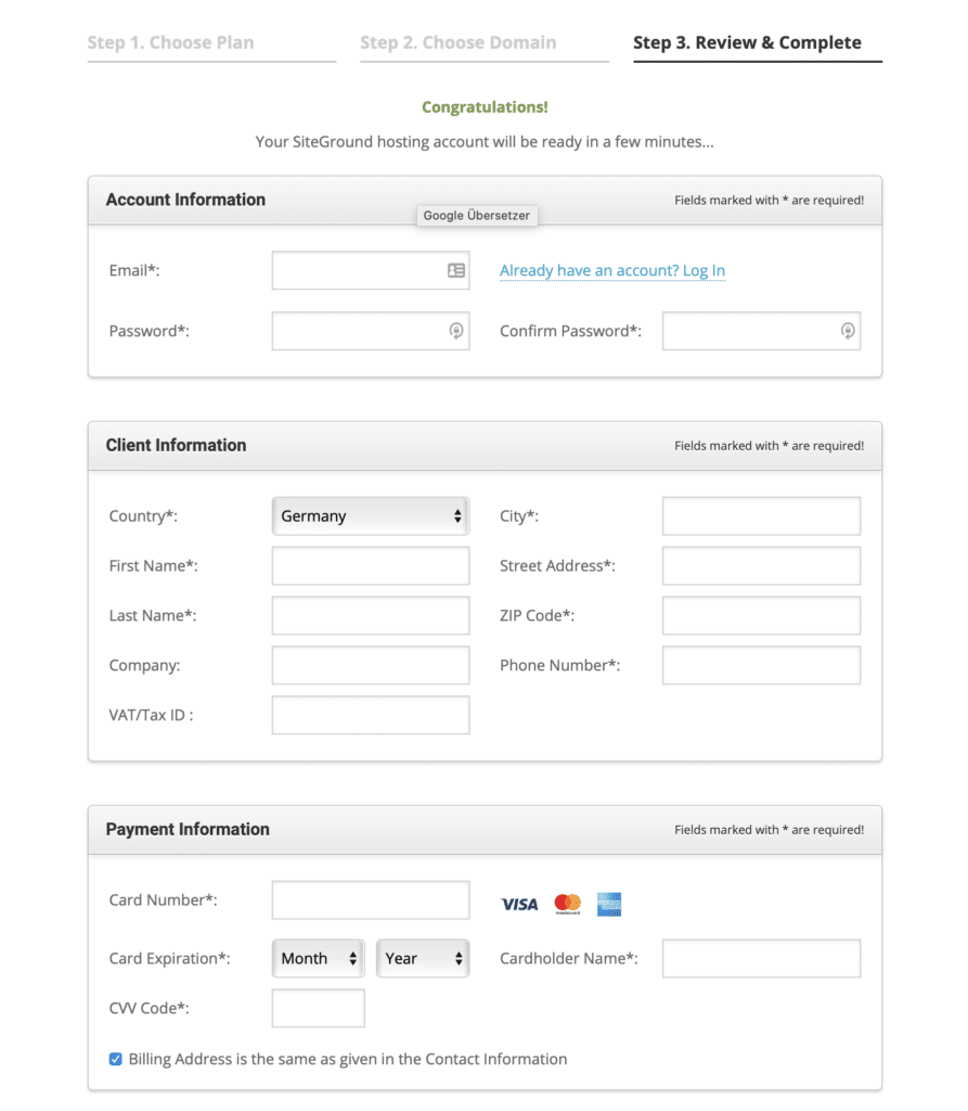 Konto Erstellen bei Siteground