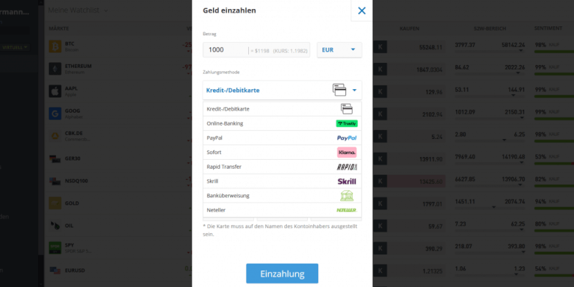 eToro Einzahlungsmethoden